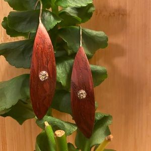 Handmade wood and cubic zirconia leaf earrings!!
